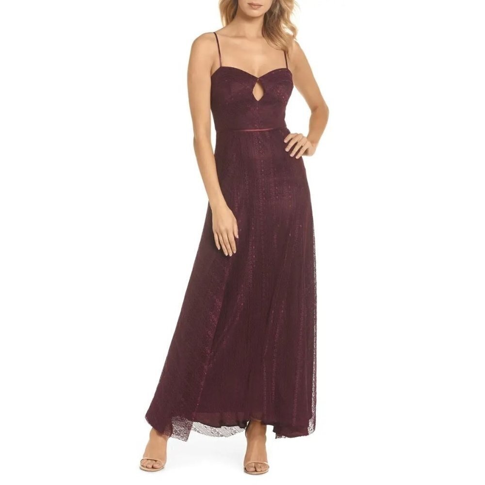 Jill Jill Stuart Eliza Lace Slip Gown w/ Cutout Front in Purple 0 Maxi Dress